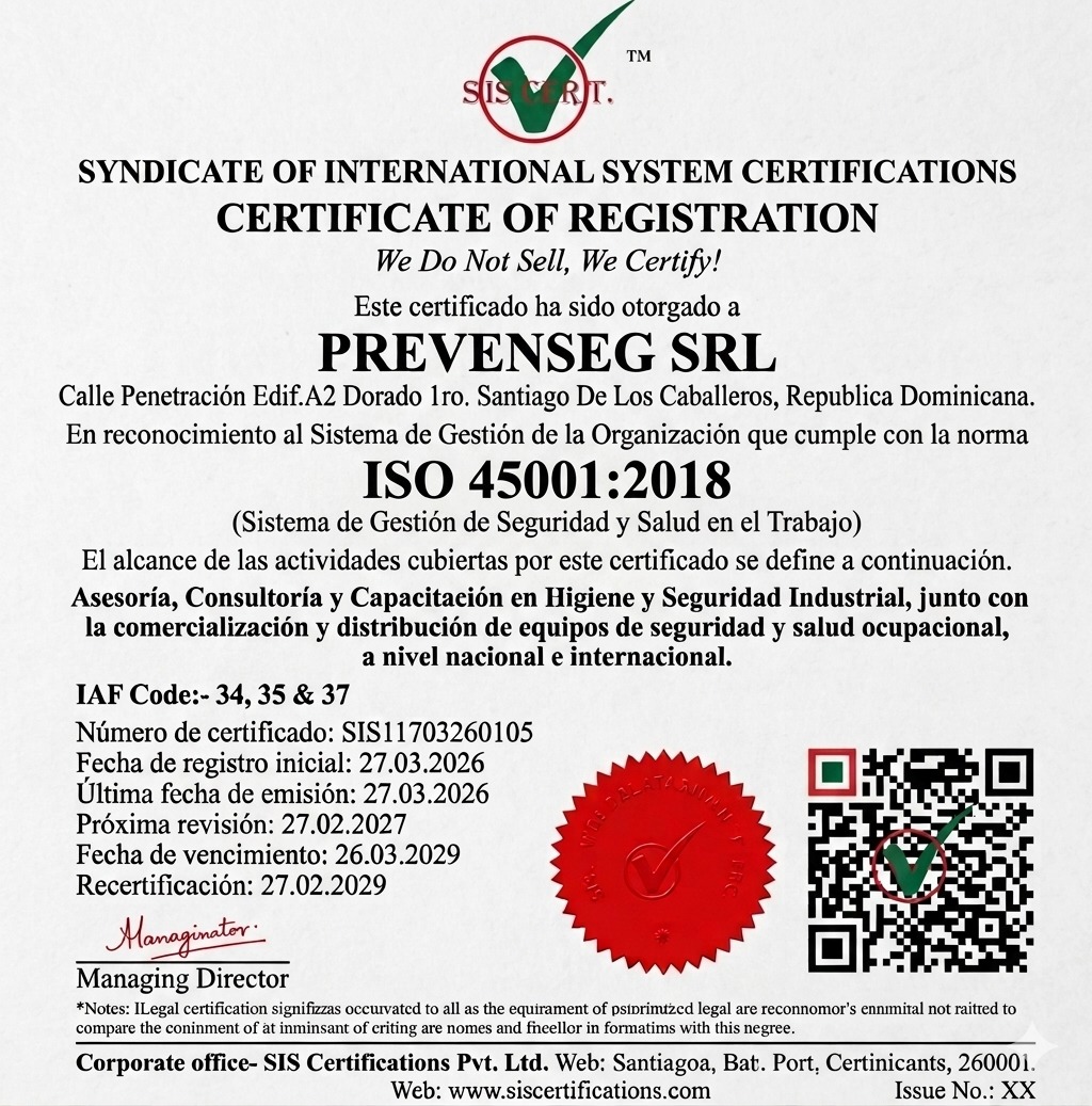 Certificado ISO 45001:2018 SIS Certifications Pvt. Ltd.